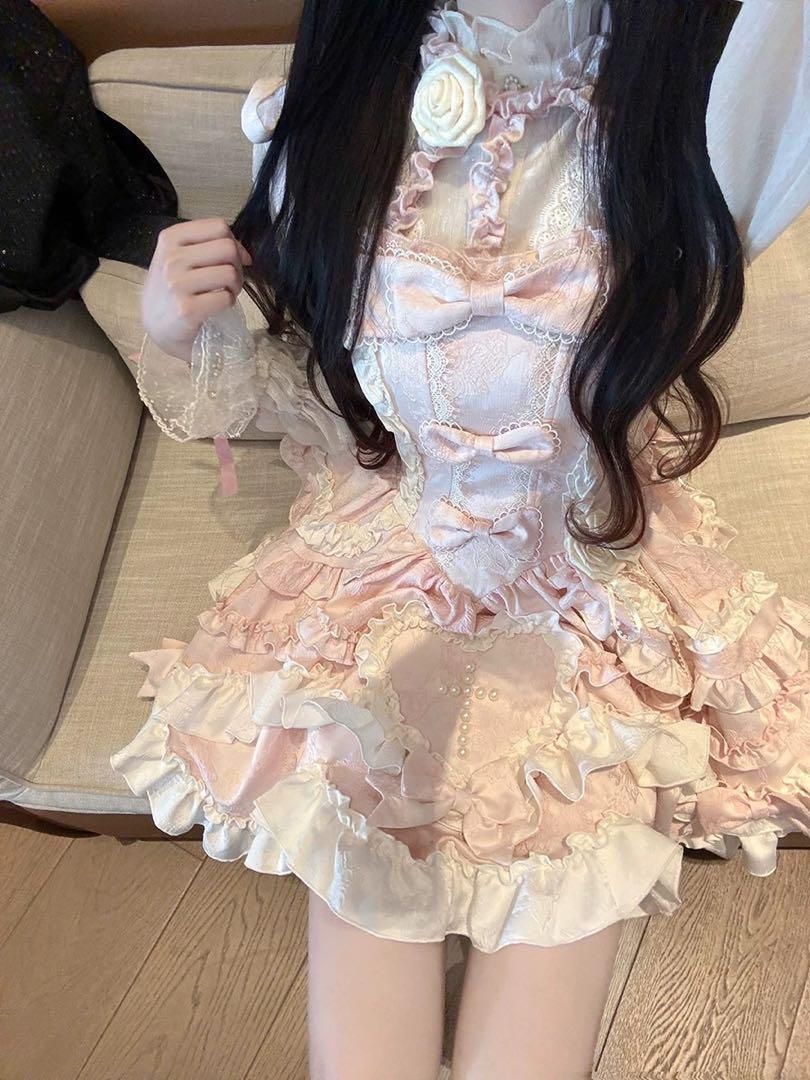 ゴスロリドレス フリル・リボン付きお嬢様 めめしい メイド衣装 可愛い ピンク ゴスロリドレス フリル・リボン付きお嬢様 めめしい メイド衣装