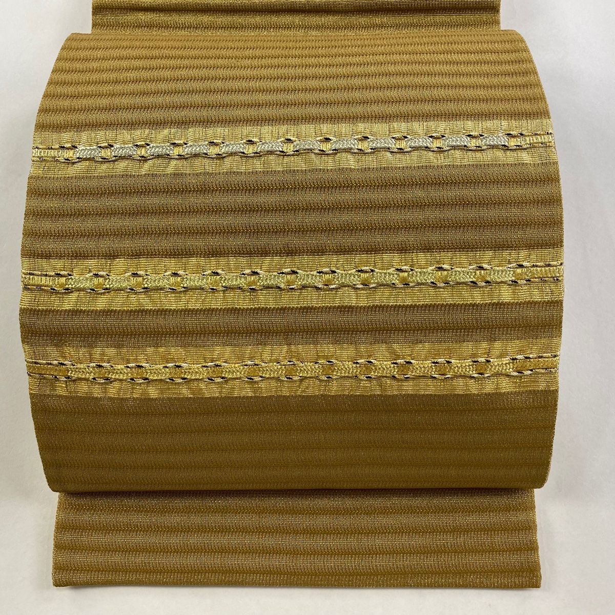 袋帯 秀品 縞 金銀糸 黄土色 お太鼓柄 正絹