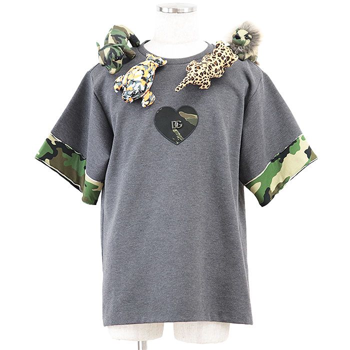 DOLCE-GABBANA ドルチェアンドガッバーナ 半袖Tシャツ ダンボールニット ジャージー DG ロゴ ハート パッチ カモフラージュ ワッペン アニマル 動物 ぬいぐるみ ドール 取外可 クルーネック 丸首 レディース S 灰色 イタリア製
