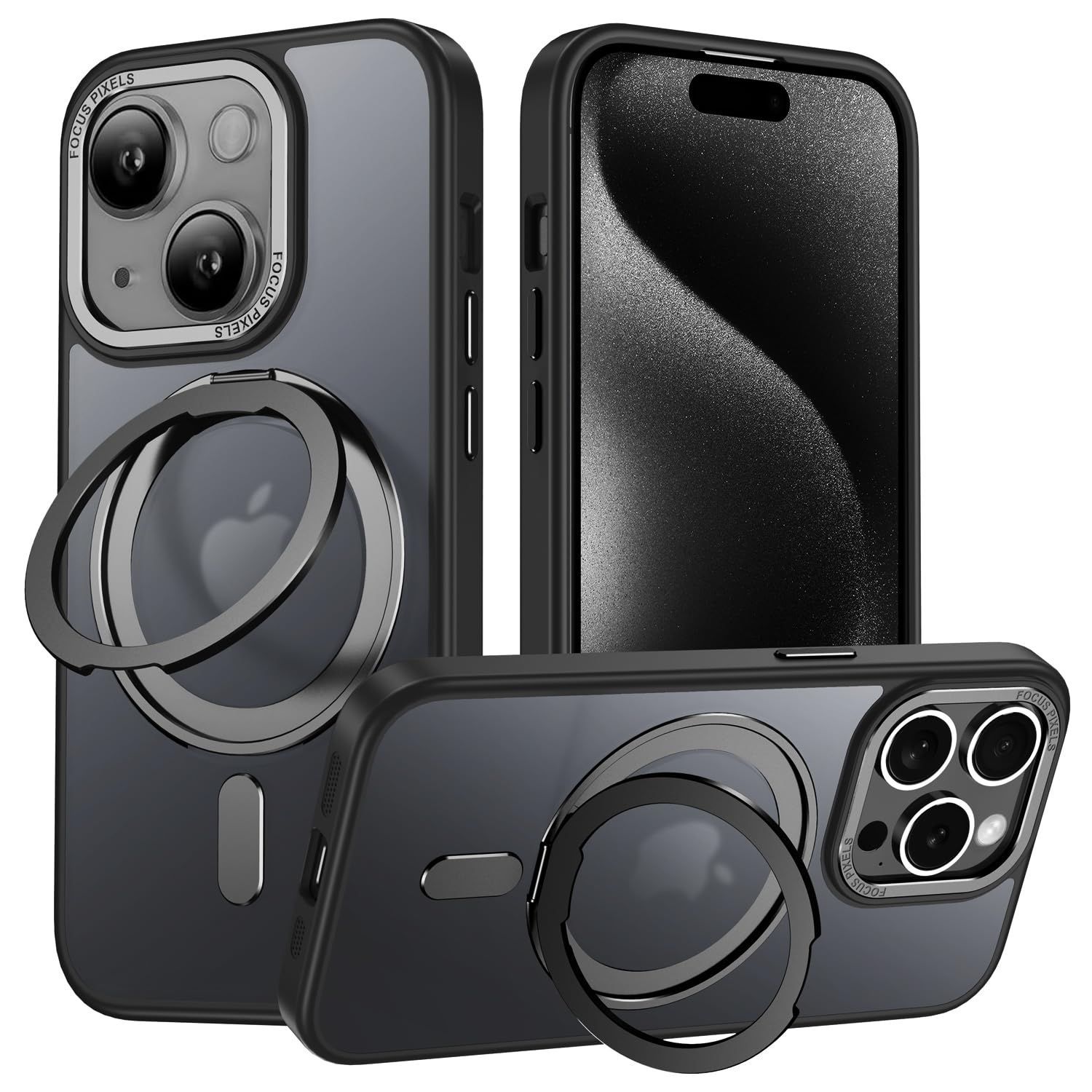 【新着商品】15 適用 ケース Magsafe対応 アイフォン15 カバー 360回転スタンド Uovon スマホケース アイホン15 iPhone 携帯ケース ワイヤレス充電 車載ホルダー 対応 ストラップ穴付き 半透明 指紋