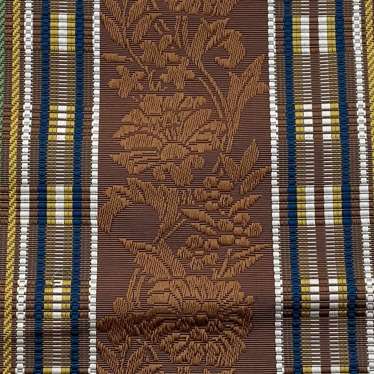 半幅帯 秀品 証紙 本場博多織 花唐草 縞 茶色 正絹