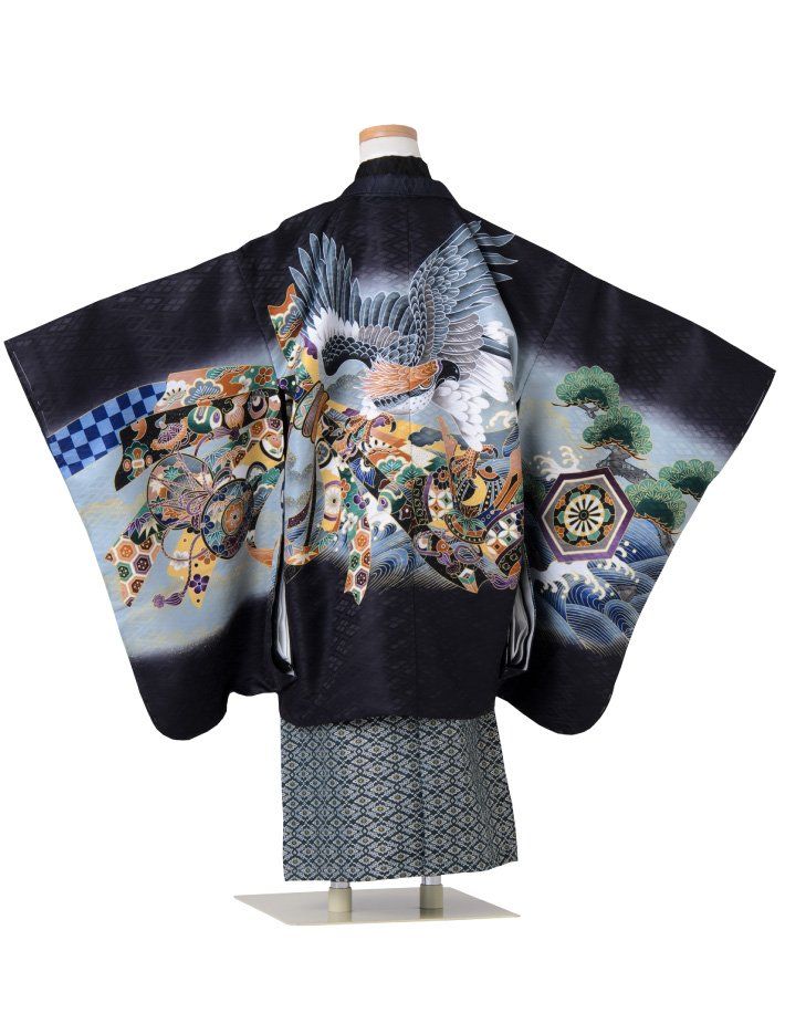 七五三 着物 男の子 五歳 13点フルセット 羽織袴セット 長門 鷹 兜 黒