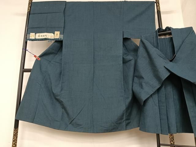 平和屋着物●男性 紬 アンサンブル 結城紬織 色無地 濃藍色 反端付き 正絹 AABA0349zg