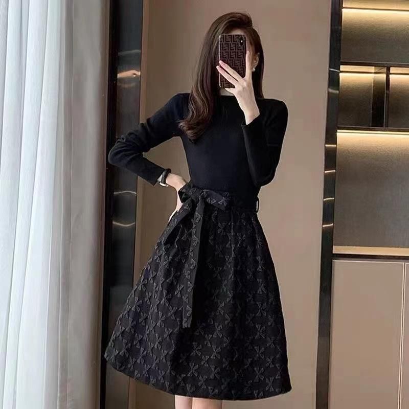 ワンピース レディース ロングワンピ黒ワンピ異素材 秋ニット