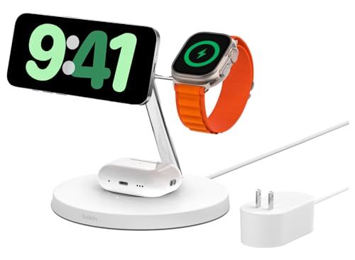 Belkin 3 in 1 MagSafe充電器 最大15W高速充電 ワイヤレス充電器 MagSafe公式認証 iPhone 15 | 14 | 13 | 12 Apple Watch 8|7|Ultra 高速充電対応 AirPodsワイヤレス充電対応 ホワイ