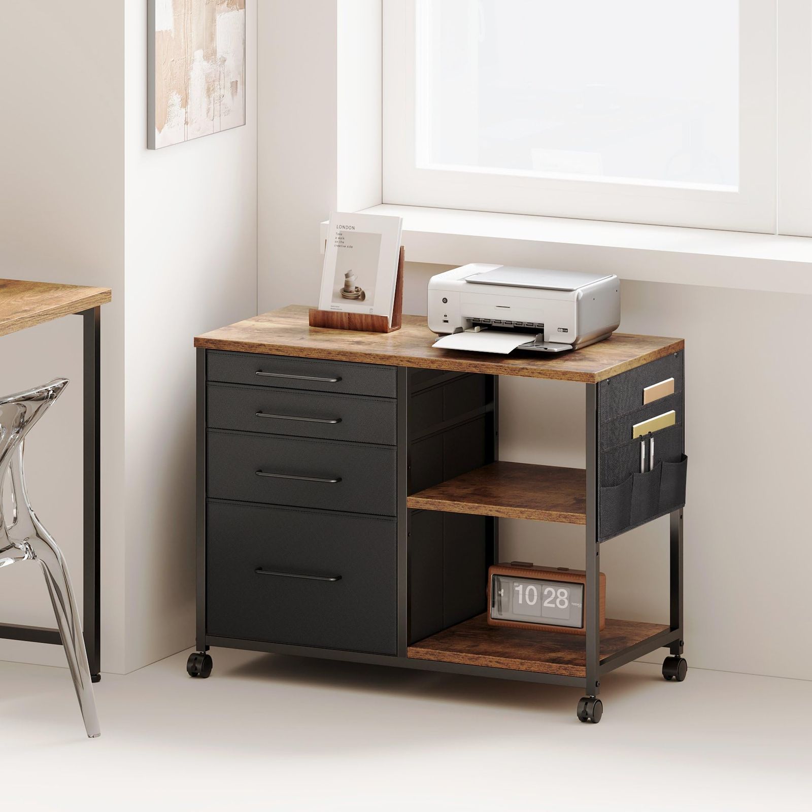 幅750 奥行400 高さ650mm デスク下収納 キャスター付き 大容量 ビンテージ 黒い引き出し プリンター台 A4対応 オフィスワゴン 4段 層板付き 袖机 布製 樹脂 デスクワゴン サイドキャビネット