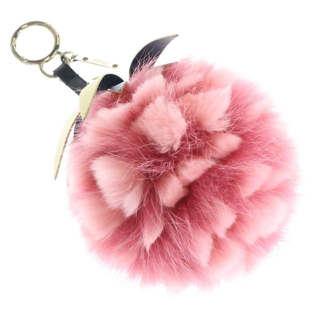 FENDI フェンディ フルーツチャーム ファー バッグチャーム キーホルダー キーリング ピンク×グリーン シルバー金具