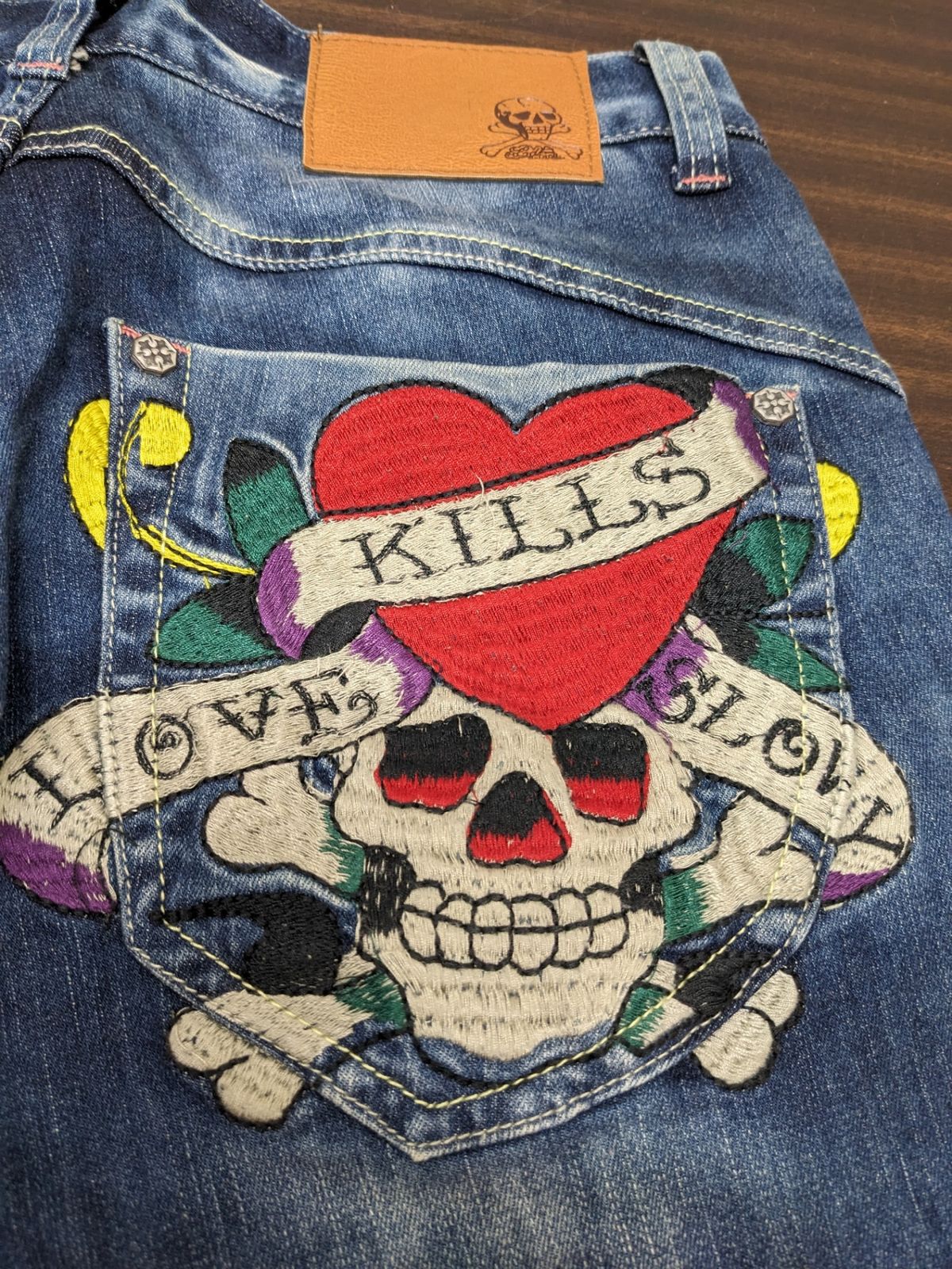 タグ付き◎デニムパンツ Ed Hardy エドハーディー スカル刺繍 W29