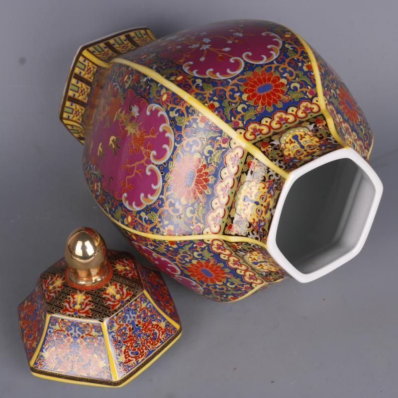 琺瑯彩花鳥六方将軍壺 景徳鎮 陶磁器 装飾品 工芸品 美術品 置物