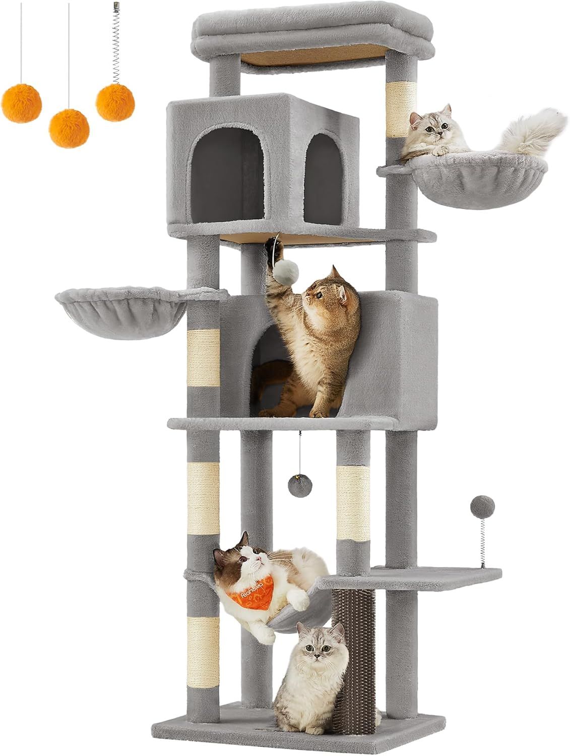 FEANDREA キャットタワー 猫タワー スリム 大型猫用 多頭飼い 据え置き 登りやすい 省スペース ハンモック 見晴台 ねこハウス ボンボン 天然麻紐 グレー 高さ175cm 猫用キャットタワーが新登場 PCT182G01