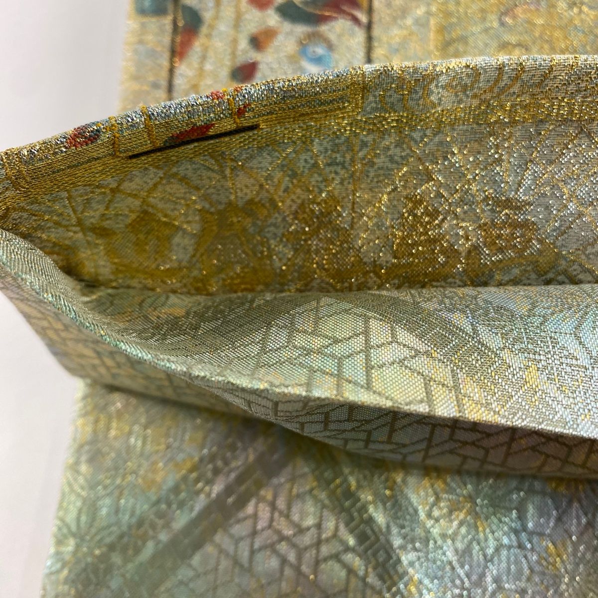 袋帯 名品 短冊 花鳥 箔 金糸 薄緑 全通 正絹 WWW_WOWDIGSITE_COM