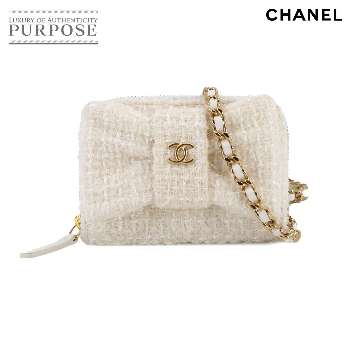 ♥ 展示品 シャネル CHANEL リボン ミニ チェーン ウォレット コインケース 財布 ツイード レザー ホワイト Chain Wallet 90292653