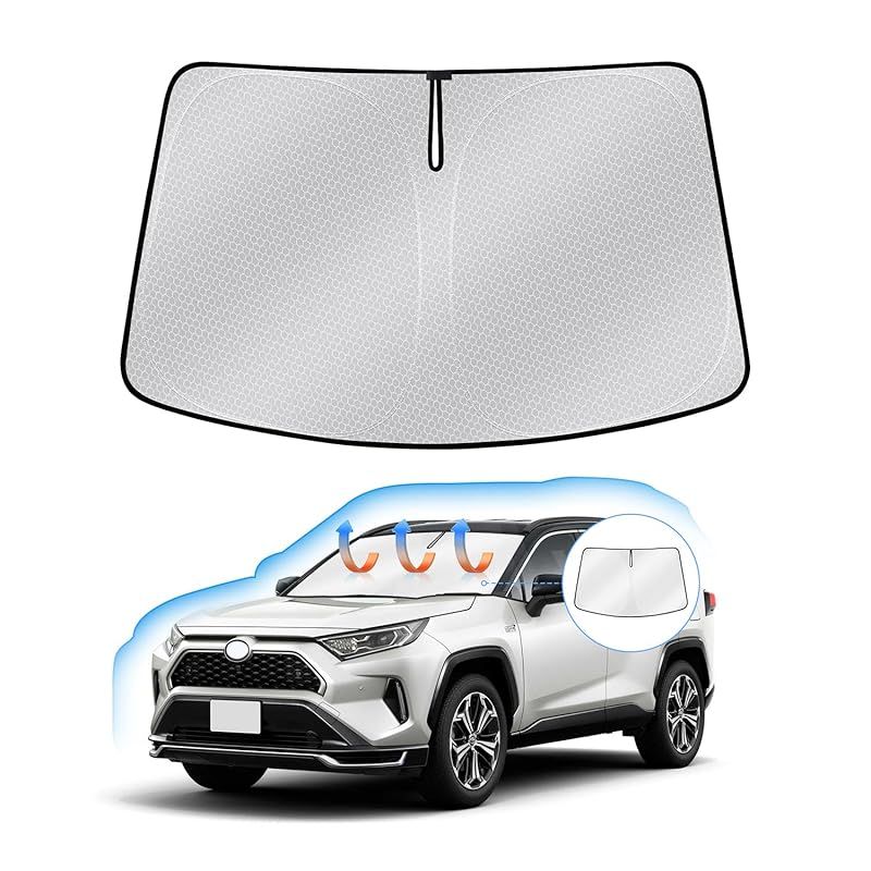 J-PREMIS トヨタ RAV4 50系 フロントガラス サンシェード RAV4 PHV MXAA50 AXAH50型 車用サンシェード UVカット 遮光シェード 日よけ ハンドルサンシェード 遮光 断熱 暑さ対策 車中泊 折り畳み式 ハニカム設計 収納 1