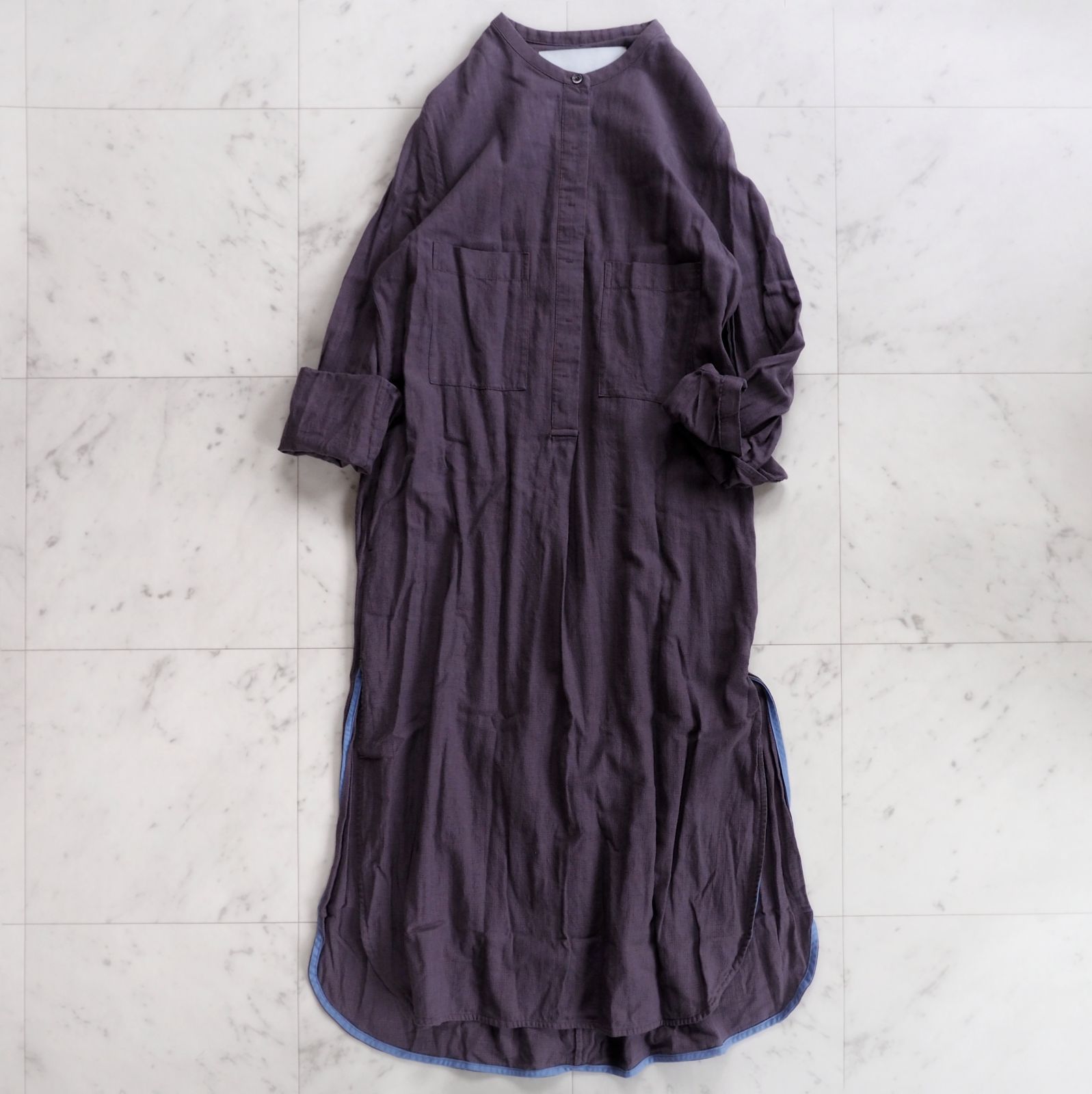 ソメロス社 ティッカ バンド シャツワンピース Fサイズ オレンジ×水色 千鳥格子 コットン 長袖