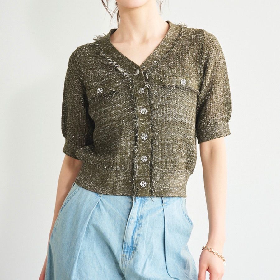 LOUNIE ルーニィ フリンジニットカーディガン 半袖カーディガン 編み柄 羽織り ハンドウォッシャブル ラメ 15438009 緑 カーキ フリーサイズ レディース 夏 ゴーゴー古着マルイ北千住店 5 No.422