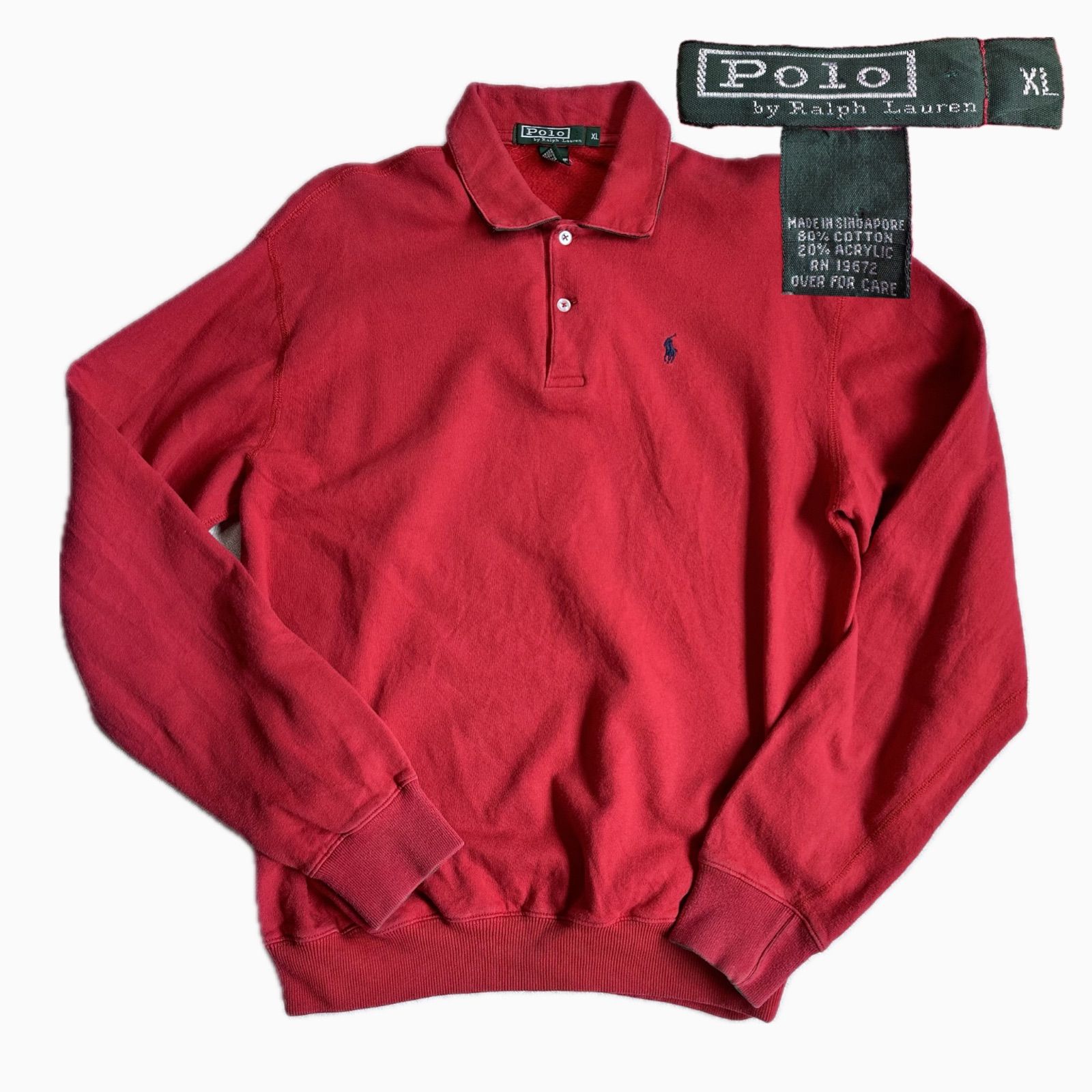 即決 ポロ ラルフローレン XL 赤 長袖 襟付 ボタン 胸元 ワンポイント メンズ Polo Ralph Lauren T2503