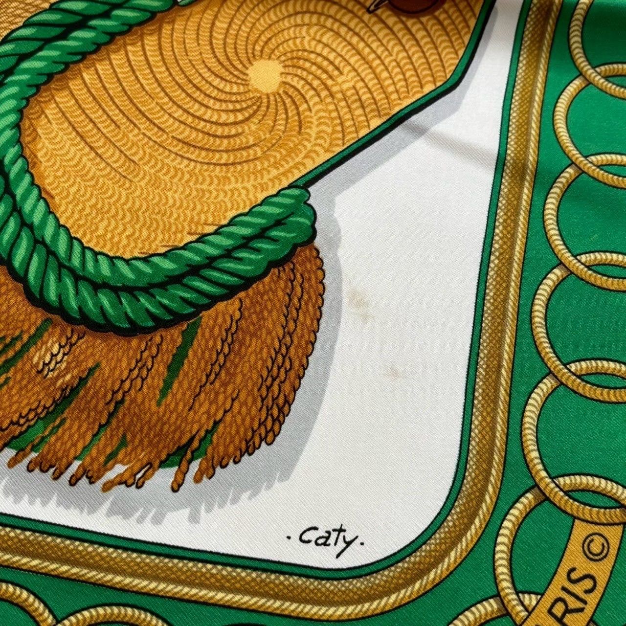HERMES エルメス スカーフ 緑 金 caty Epaulettes カレ90 レディース