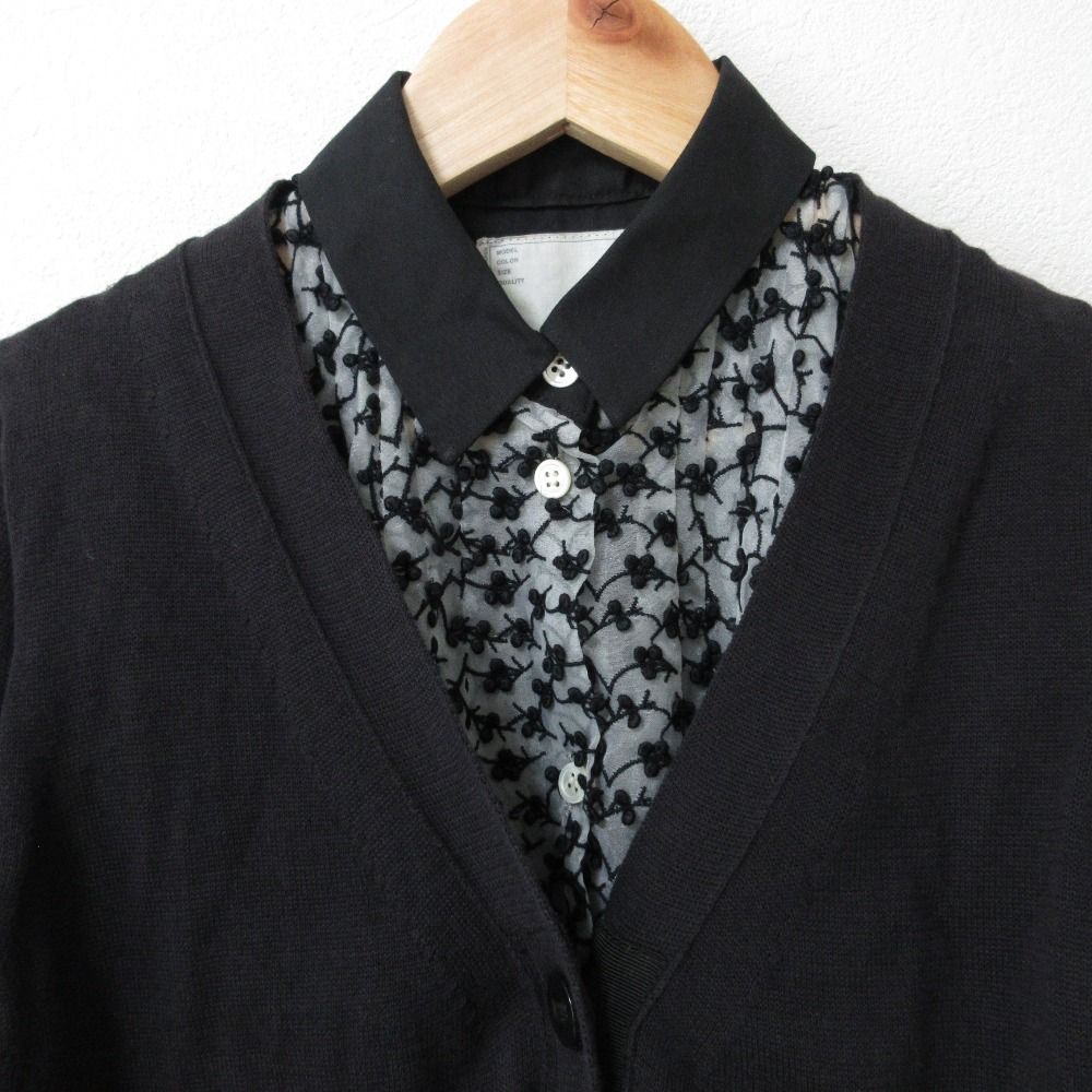 sacai - 良品 sacai サカイ 刺繍 カーディガンドッキング シアーブラウス チュニックシャツ ブラック系 レディース 古着 中古 USED 良品 sacai サカイ 刺繍 カーディガンドッキング シアーブラウス