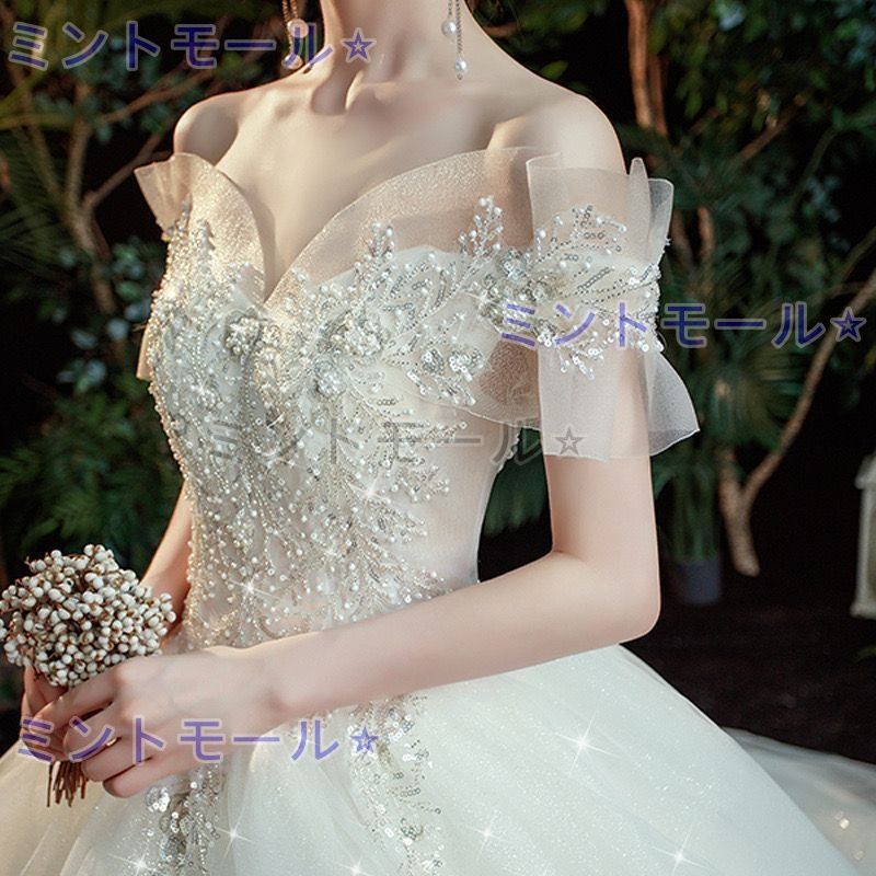 ウェディングドレス 二次会 結婚式 披露宴 ブライダル ロングドレス フレンチスリーブ 花嫁 ウエディングドレス プリンセスライン オフホワ