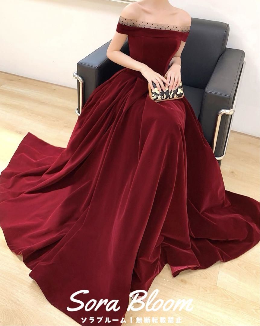 ドットのレースがオシャレ オフショル ロングイブニングドレス 新品・未使用】ドットのレースがオシャレ オフショル ロング