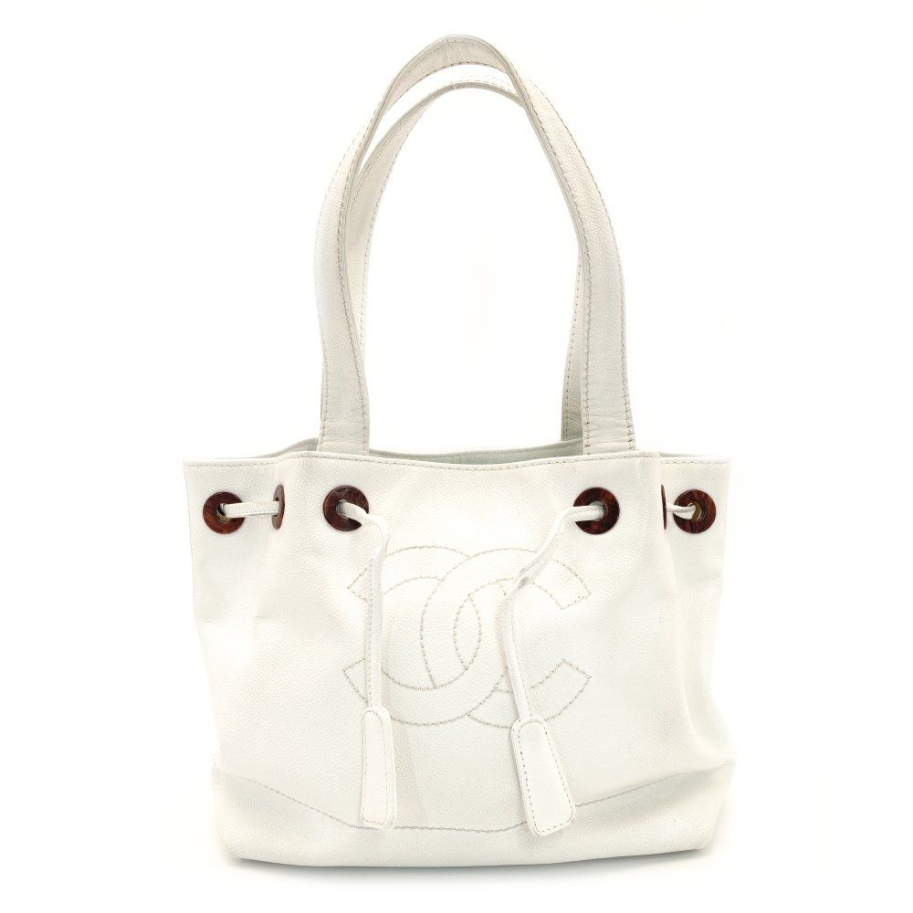 シャネル CHANEL ココマーク 巾着トート キャビアスキン ショルダーバッグ レザー ホワイト ヴィンテージ CCロゴ 7-9-173