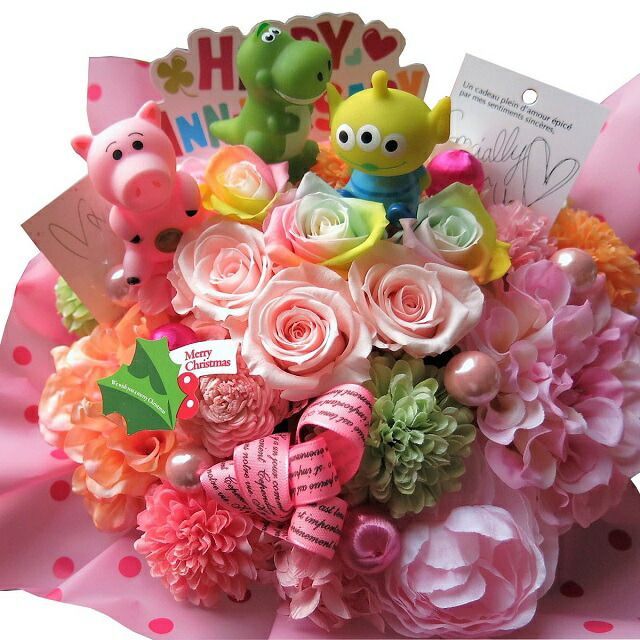 プレゼント プリザーブドフラワー トイストーリーキャラクター 入り 花束風 レインボーローズ バズ ウッディ リトルグリーンメン etcおまかせ 入りなります