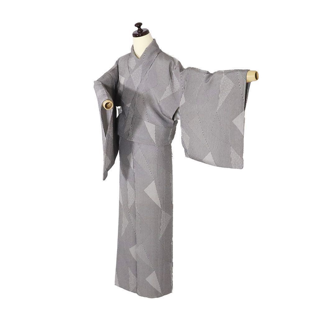 縞小紋 袷 正絹 黒 白 縦縞 菱文 SMサイズ ki29609 美品 こもん