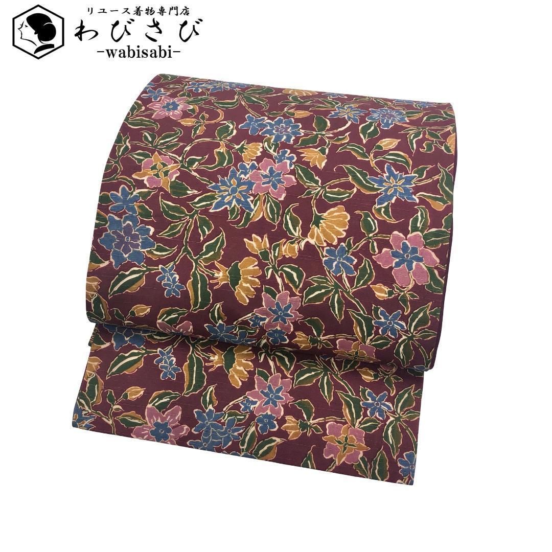 京袋帯 紬 型染 花唐草模様 暗紅色 O-5530