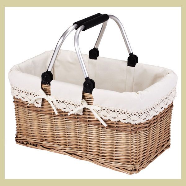 煮柳 パイプハンドルの布付き四角タイプバスケット 片手持ち 1種選択 2種類 ショッピング ボックス バッグ かご アジアン雑貨 収納 BOX 籐 お出掛け ランチ ピクニック レース フリル 水玉模様 おしゃれ