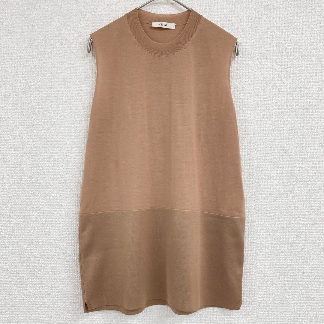 CELINE セリーヌ フィービー期 シルク ウール ノースリーブニット バイカラー 異素材 ブラウン M イタリア製