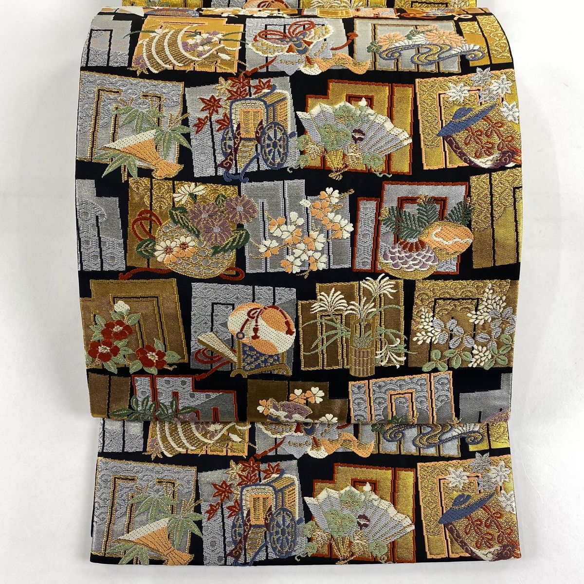 袋帯 秀品 源氏香 草花 金糸 箔 黒 六通 正絹