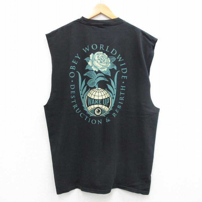 XL/古着 オベイ OBEY ノースリーブ Tシャツ メンズ 花 大きいサイズ コットン クルーネック 黒 ブラック 24jul03 中古