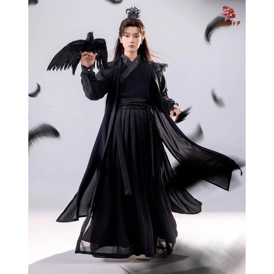 暗黒 武侠風 漢服 中華コスプレ衣裳 メンズ 侠客 チャイナ服 中華服 肩に翼付きの羽織 交差襟 おしゃれの3点セット 皮のベルトと袖カバー付