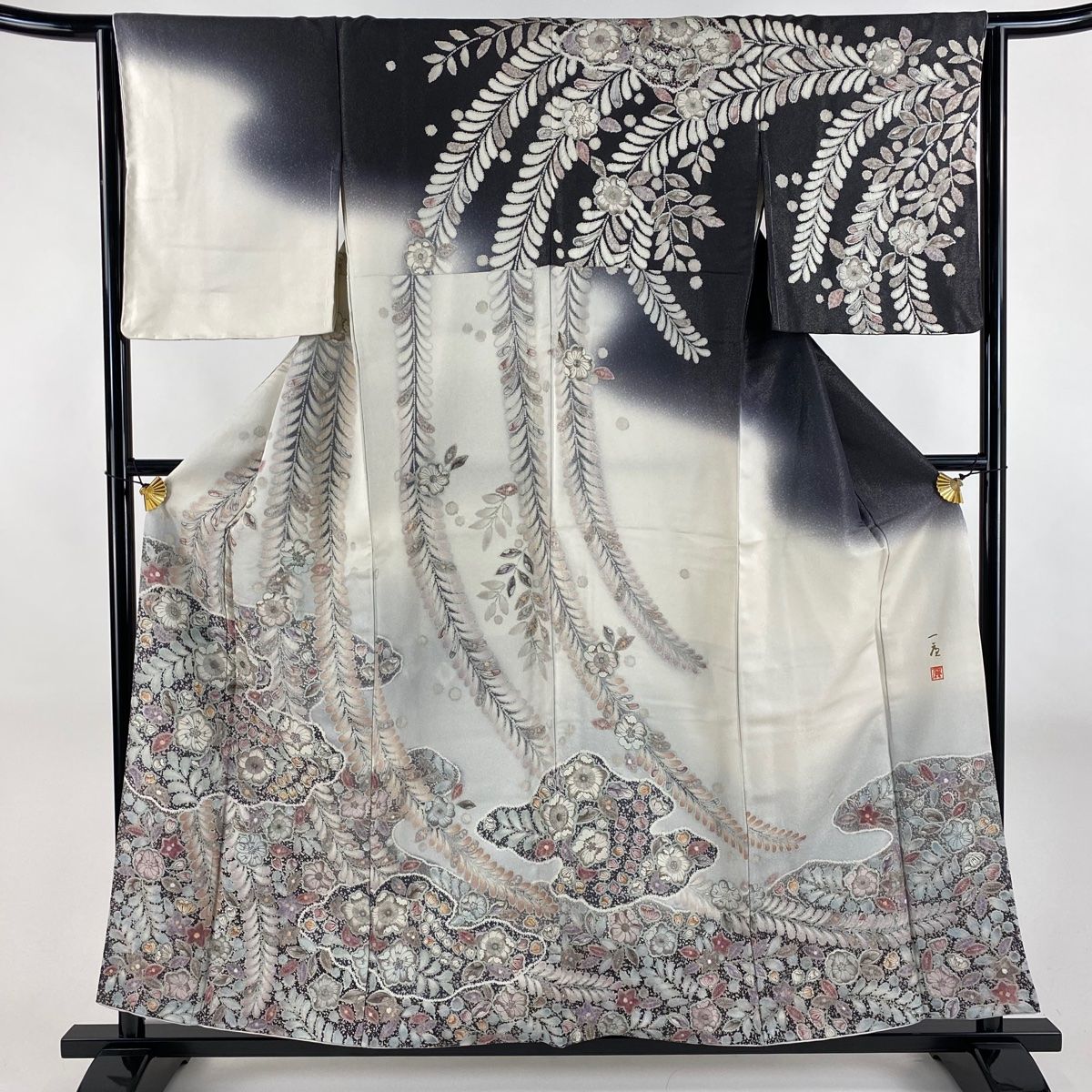訪問着 身丈157cm 裄丈63.5cm S 袷 吉乃一廉 落款 辻が花 雲文 銀通し 灰白 正絹