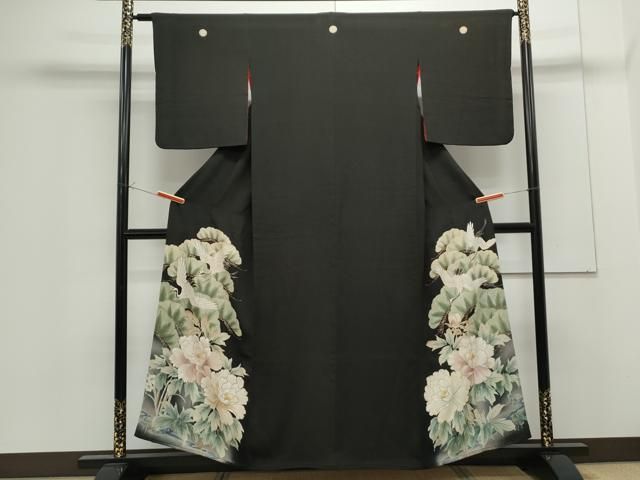 平和屋着物●アンティーク　大正ロマン　豪華黒留袖　散歩着　手描き　飛鶴草花文　黒地　金彩　正絹　逸品　CAAS0394th 平和屋着物○アンティーク 大正ロマン 豪華黒留袖 散歩着 手描き 飛鶴