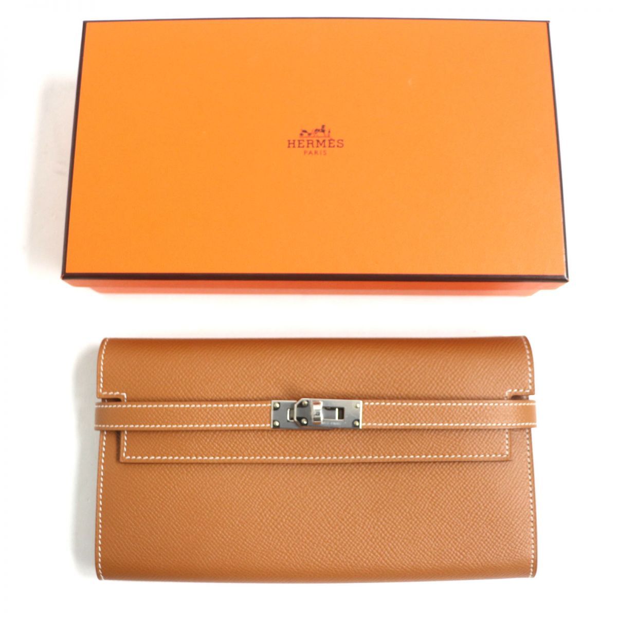 未使用品▼HERMES エルメス ケリーウォレット ヴォーエプソン レザー 長財布 ゴールド シルバー金具 仏製 レディース D刻印 箱付き 未使用品▽HERMES エルメス ケリーウォレット ヴォーエプソン レザー