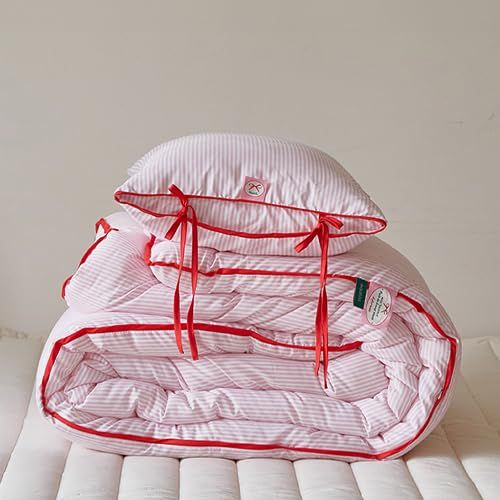 布団カバー 枕カバー 韓国 リボン シーツ 布団セット ストライプ シングル ふとんセット 洗える おしゃれ かわいい ピンク ブルー 緑 オールシーズン 快眠インテリア 防ダニ 一人暮らし ほこりのでにくい 二人用 maatila ブランド ピンク