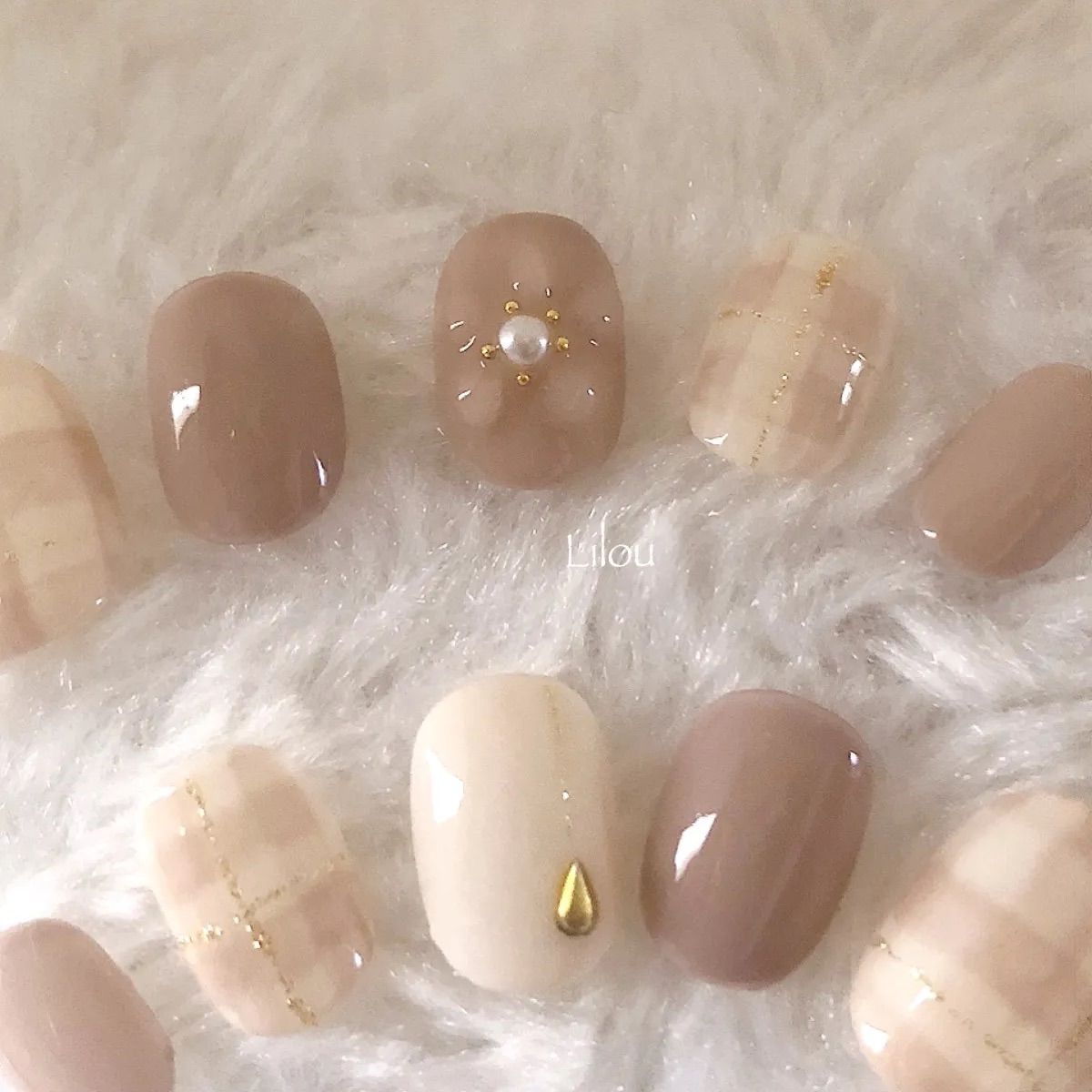 075 チェック柄ネイル ギンガムチェックネイル ぷっくりフラワー  