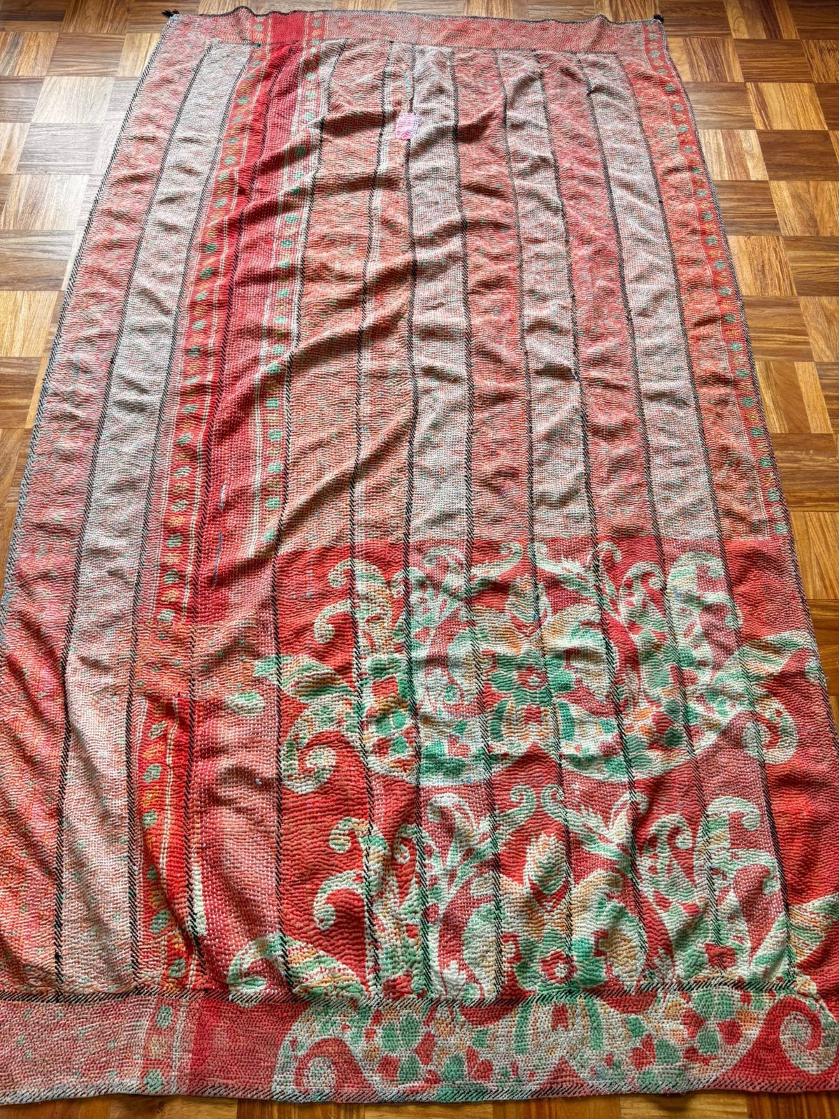 G016 ラリーキルト グドゥリー カンタ刺繍 ベッドカバー マルチカバー オレンジ シャビーシック 水色 ブルー タペストリー ボロ BORO アンティーク 古布