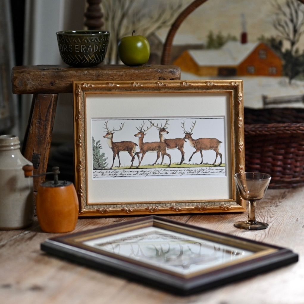 ヴィンテージフレーム「鹿」ヴィンテージ洋書からの切り抜きと