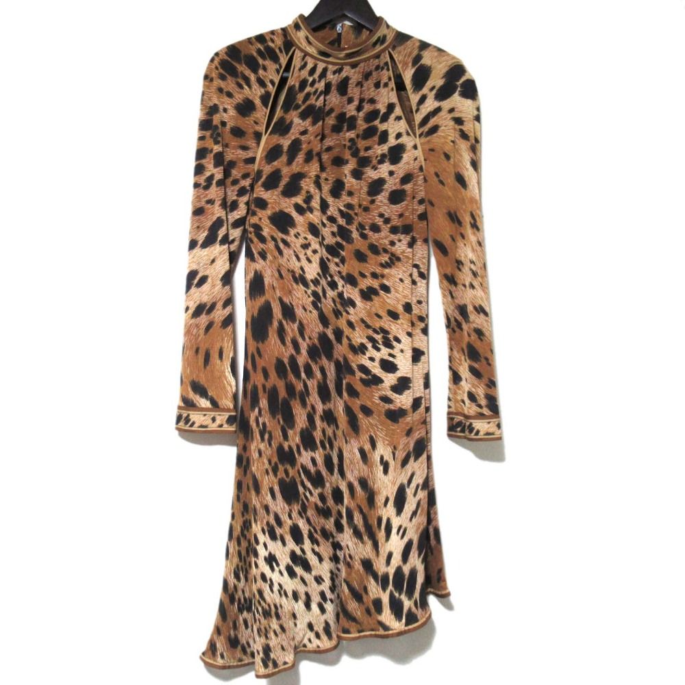 LEONARD PARIS レオナールパリ レオパード柄 ひざ丈 アシンメトリーヘム シルク ワンピース サイズ42 ベージュ×ブラック レディース 古着