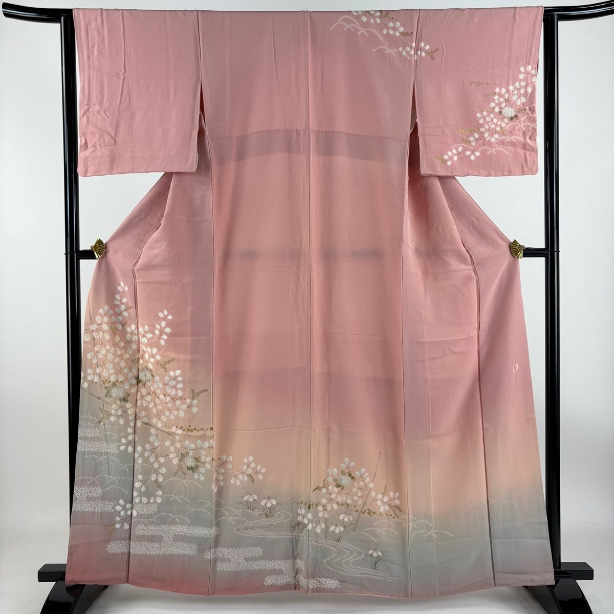 訪問着 身丈160.5cm 裄丈63.5cm S 袷 滝泰 落款 枝花 ヱ霞 金彩 絞り ピンク 正絹 秀品