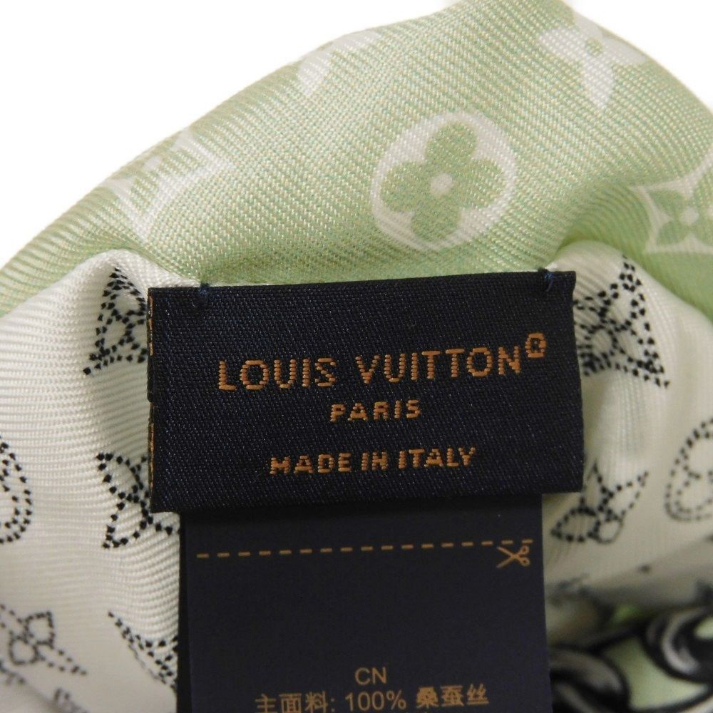 LOUIS VUITTON ルイ ヴィトン シュシュ ブルーミング モノグラム 現行 LVロゴ フラワー バタフライ パドロック パステル グリーン ゴールド リボン ヘアバンド ヘア LVサークル シルク セージ ヘアピン M96860 DECORATOM_COM_BR