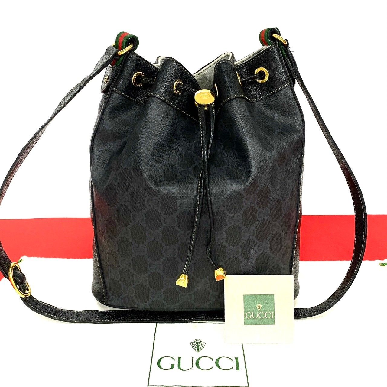 極 美品 希少品 GUCCI グッチ オールドグッチ ヴィンテージ GG 柄 ロゴ 金具 レザー 巾着 ショルダーバッグ ポシェット ブラック  29855 - メルカリ