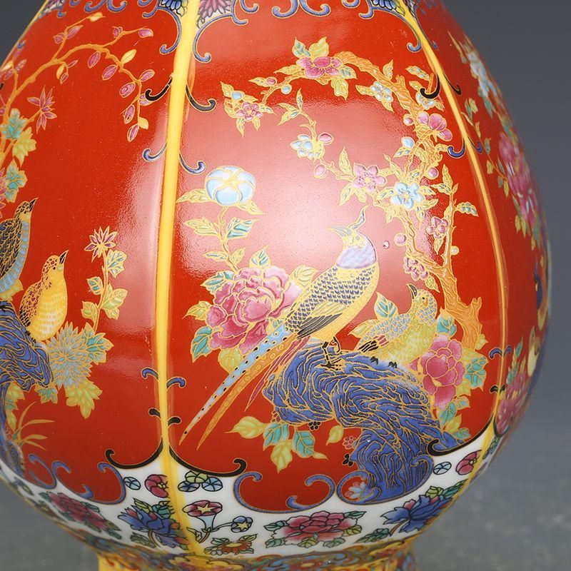 エナメル盤 装飾品 収集品 美品 景徳鎮 陶磁器 工芸品 美術品 置物 景徳鎮 陶磁器 琺瑯彩六稜花鳥賞瓶 装飾品 現代工芸品 美術品