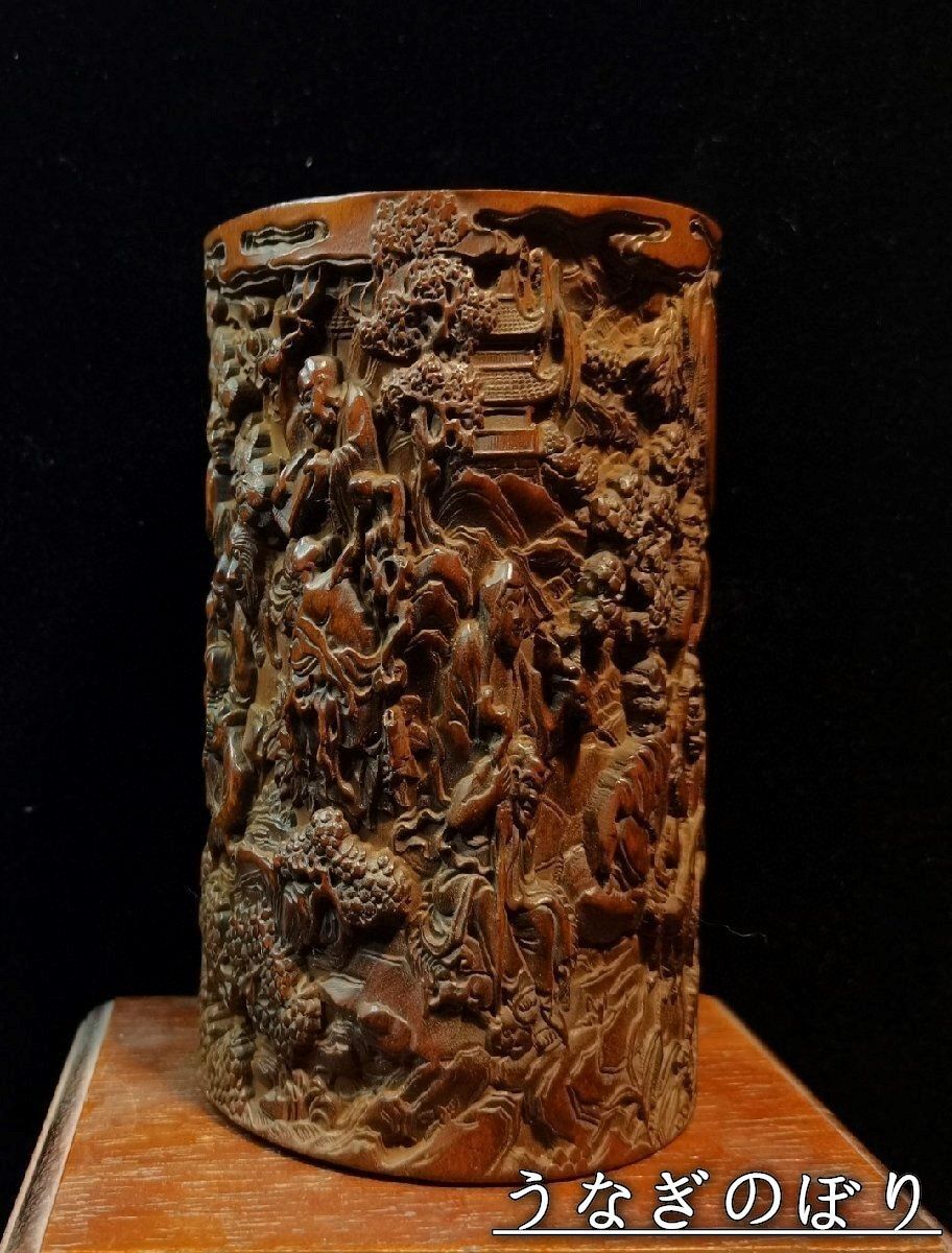 美品・未使用新品】 ペン立て 筆筒 筆立 筆桶 手 黄楊木彫刻