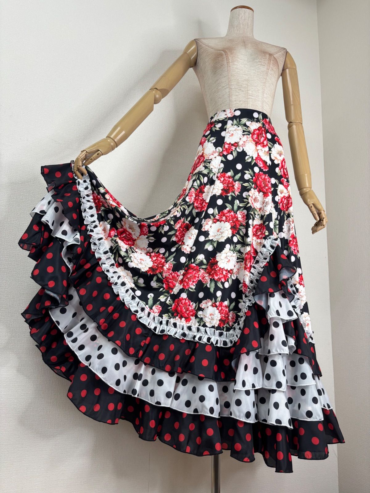 フラメンコ ファルダ ブラック×レッド クリームホワイト系 社交ダンス ロングスカート 衣装 LLC-HASEGAWATOSO_COM