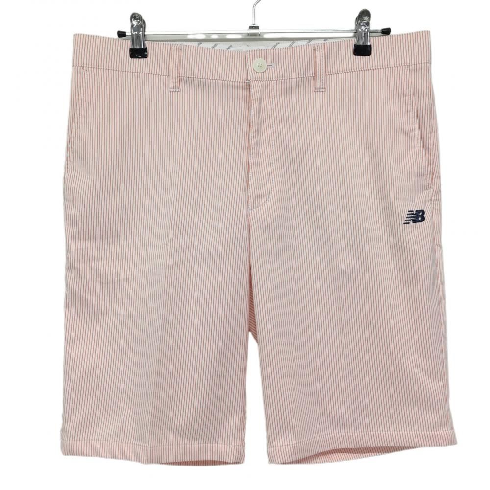 【超美品】ニューバランスゴルフ ハーフパンツ 白×オレンジ ストライプ柄 ロゴ刺しゅう メンズ XL ゴルフウェア New Balance