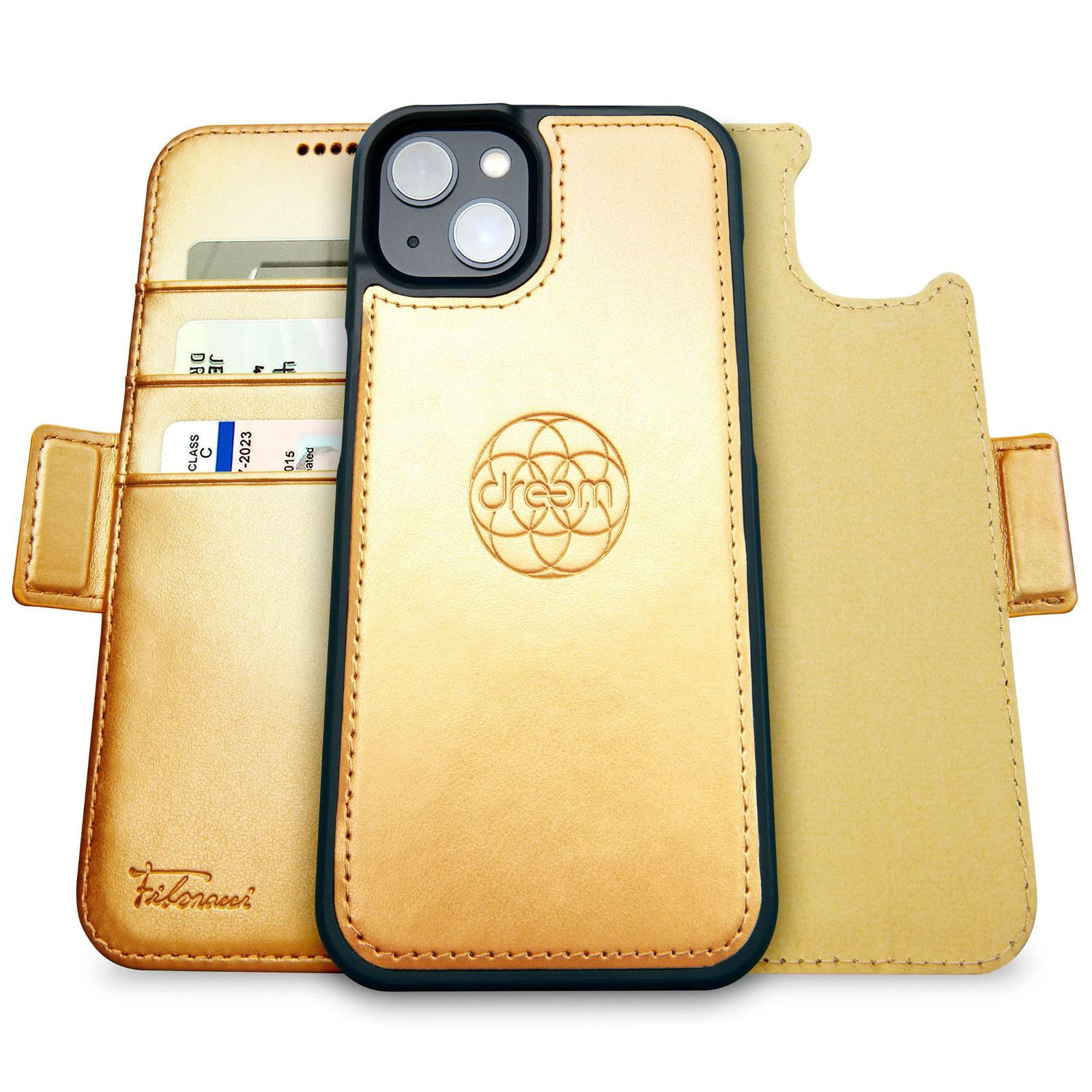 在庫処分 携帯電話ケース RFIDカード保護機能 耐衝撃 マグネット着脱式 ヴィーガンレザー製 2通りに使えるフリップスタンド付き - Plus用 14 - iPhone Apple 財布型ケース ゴールド フィボナッチ Fibonacci 2イン1 D