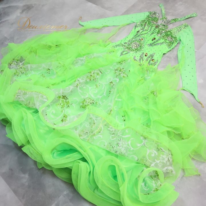 社交ダンス 衣装 ドレス ドレス ワンピース デモ GRANT 競技 ダンス パーティ 発表会 フロート 黄緑 グリーン系 フリル レース スパンコール トラインストーン 豪華 蛍光 ストレッチ 衣装 Mサイズ おしゃれ 競技用 LLC-HASEGAWATOSO_COM